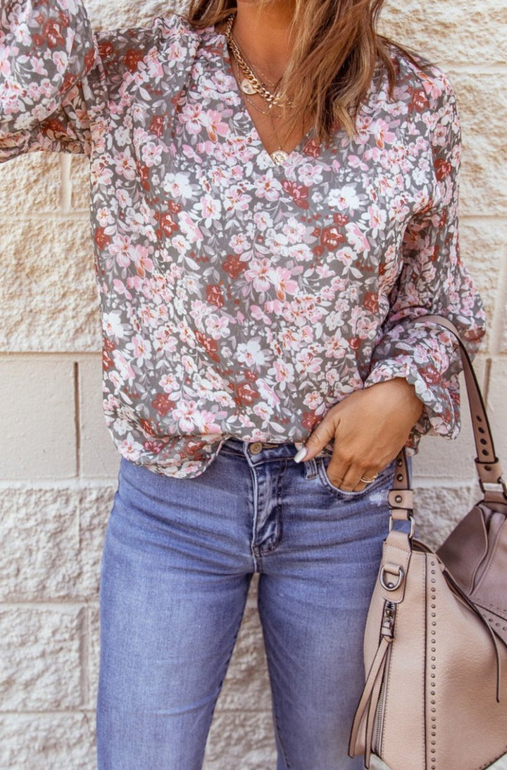 Seraphima Floral Print V Neck Long Puff Sleeve Top - Rebel Nomad