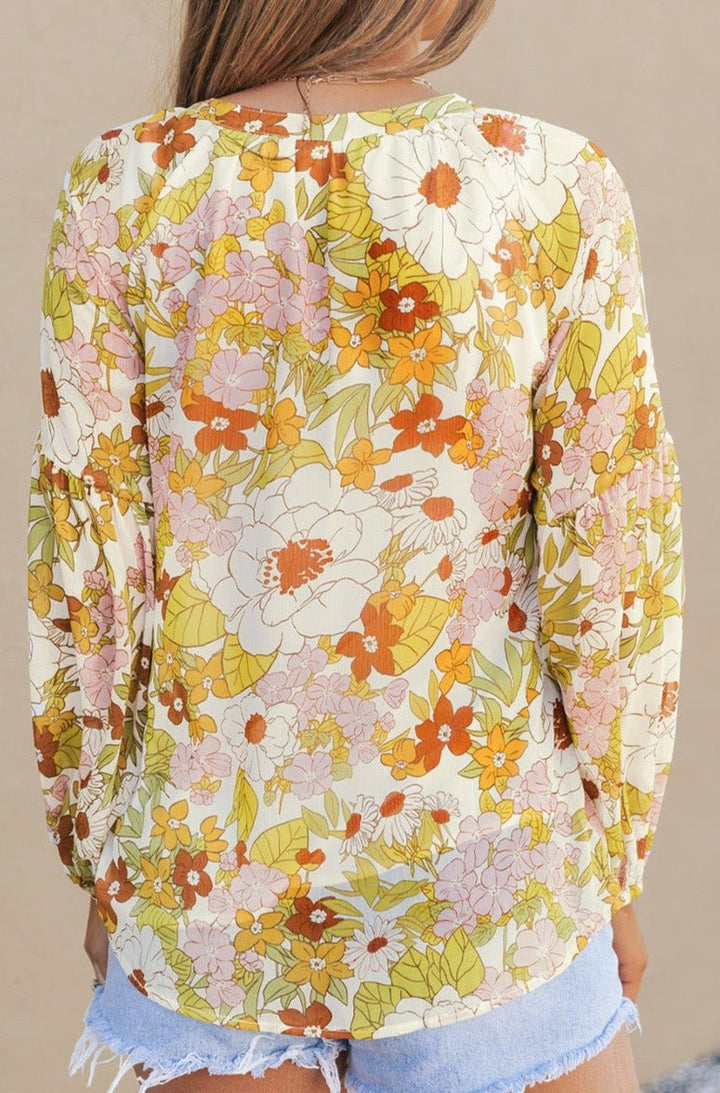 Seraphima Floral Print V Neck Long Puff Sleeve Top - Rebel Nomad