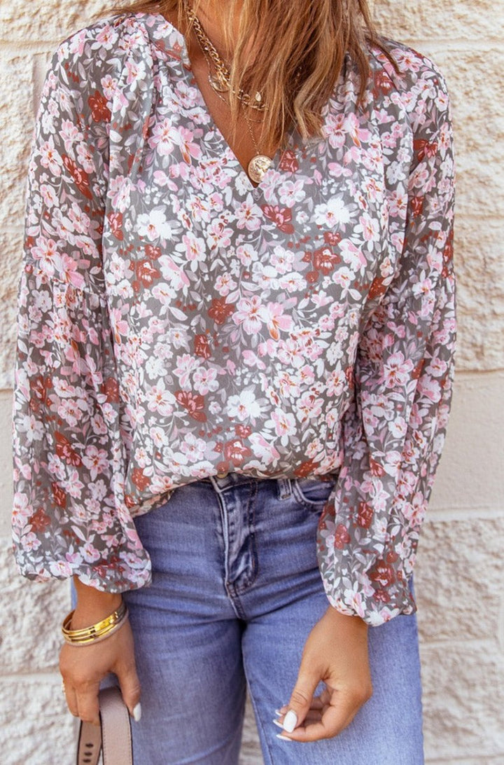 Seraphima Floral Print V Neck Long Puff Sleeve Top - Rebel Nomad