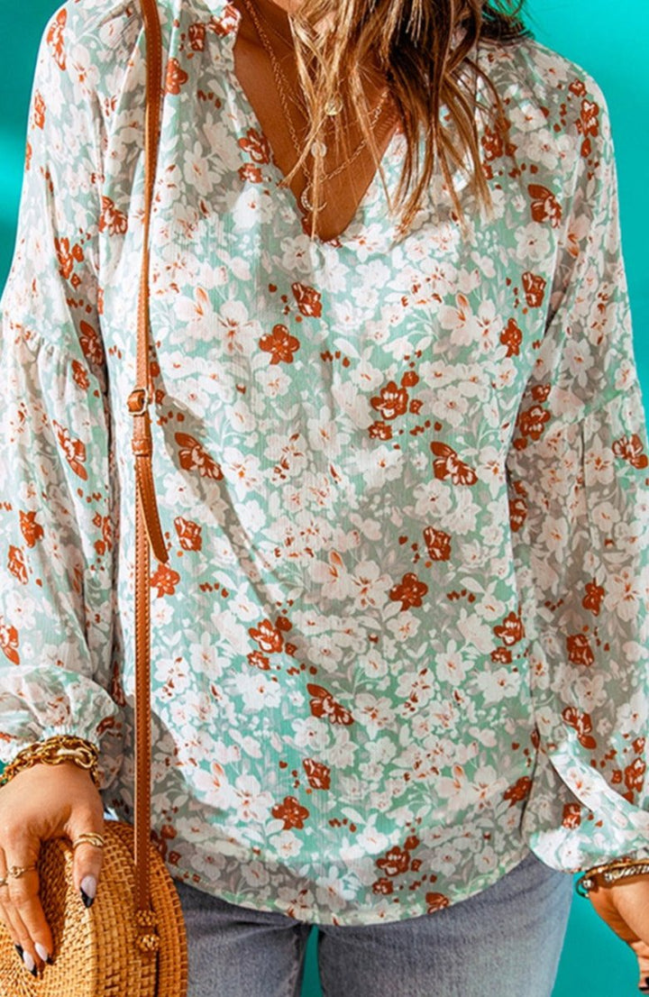 Seraphima Floral Print V Neck Long Puff Sleeve Top - Rebel Nomad