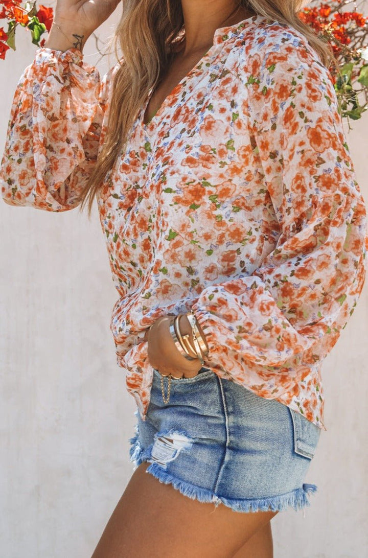 Seraphima Floral Print V Neck Long Puff Sleeve Top - Rebel Nomad