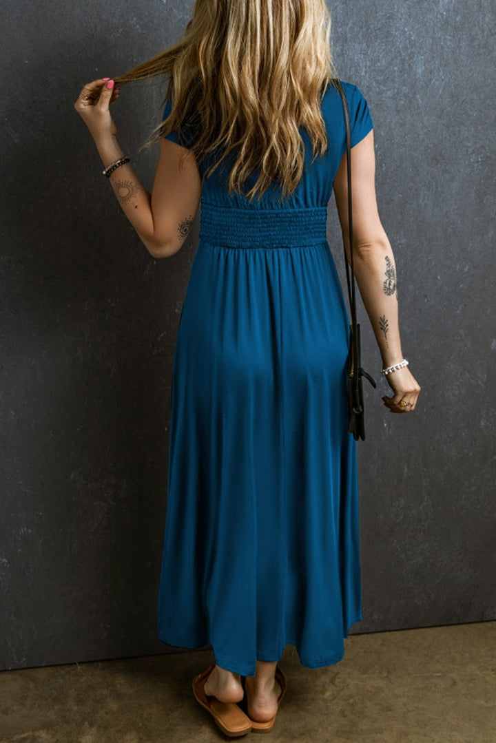 Serephina Short Sleeve Shirred High Waist V Neck Maxi Dress - Rebel Nomad