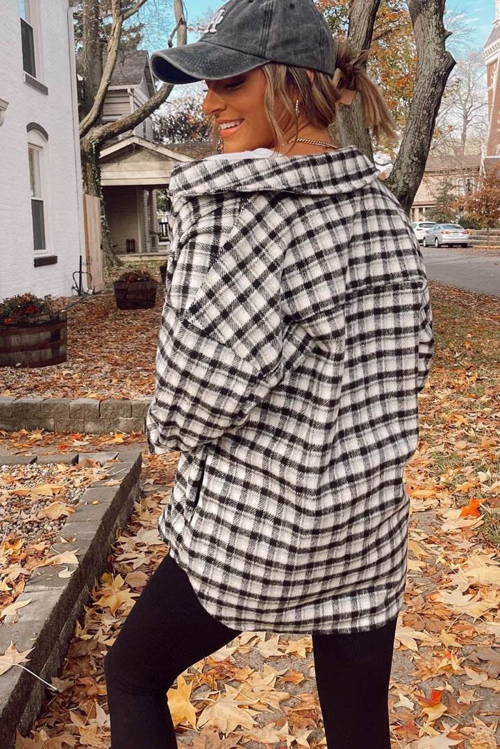 Shadow Plaid Print Chest Pockets Buttoned Tunic Shacket - Rebel Nomad