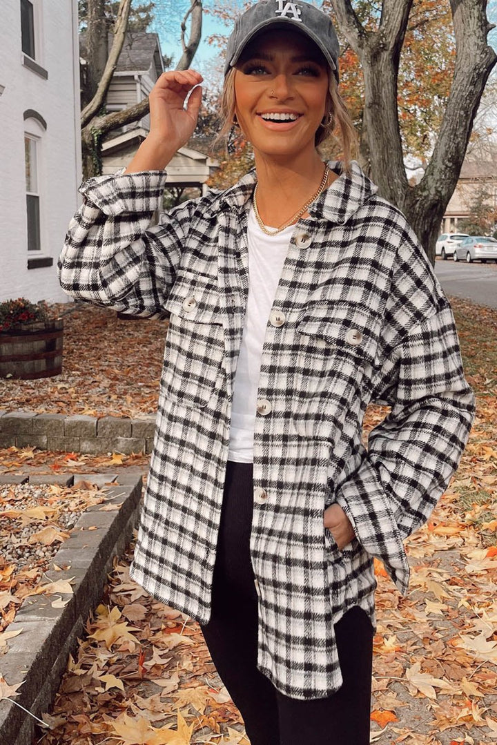 Shadow Plaid Print Chest Pockets Buttoned Tunic Shacket - Rebel Nomad