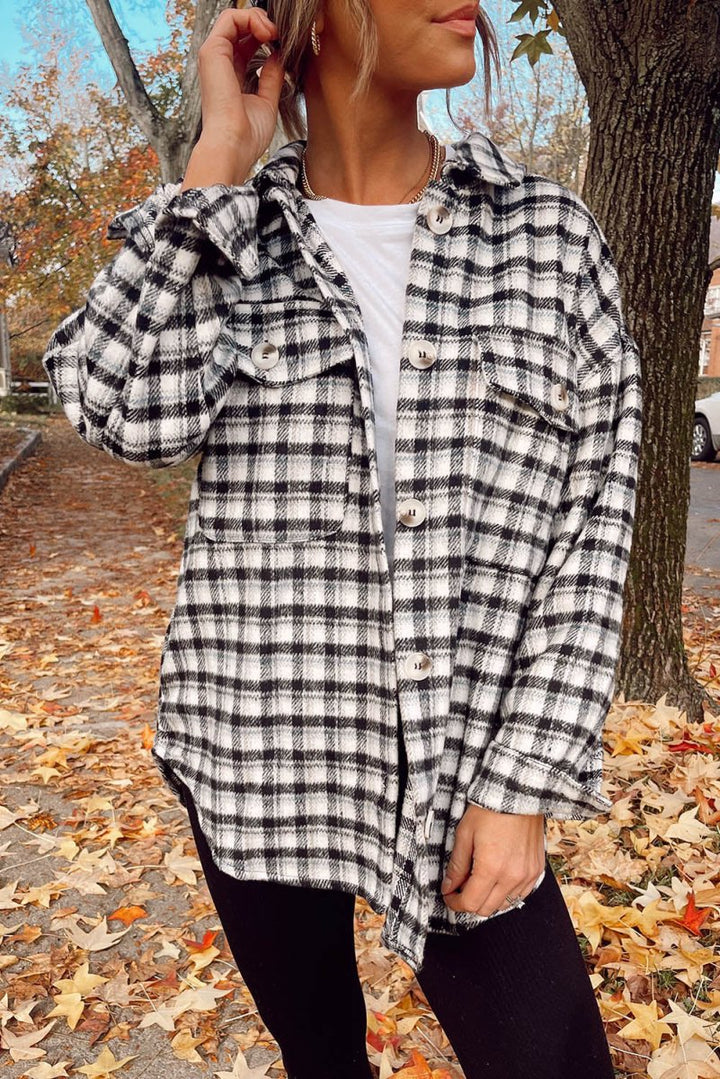 Shadow Plaid Print Chest Pockets Buttoned Tunic Shacket - Rebel Nomad