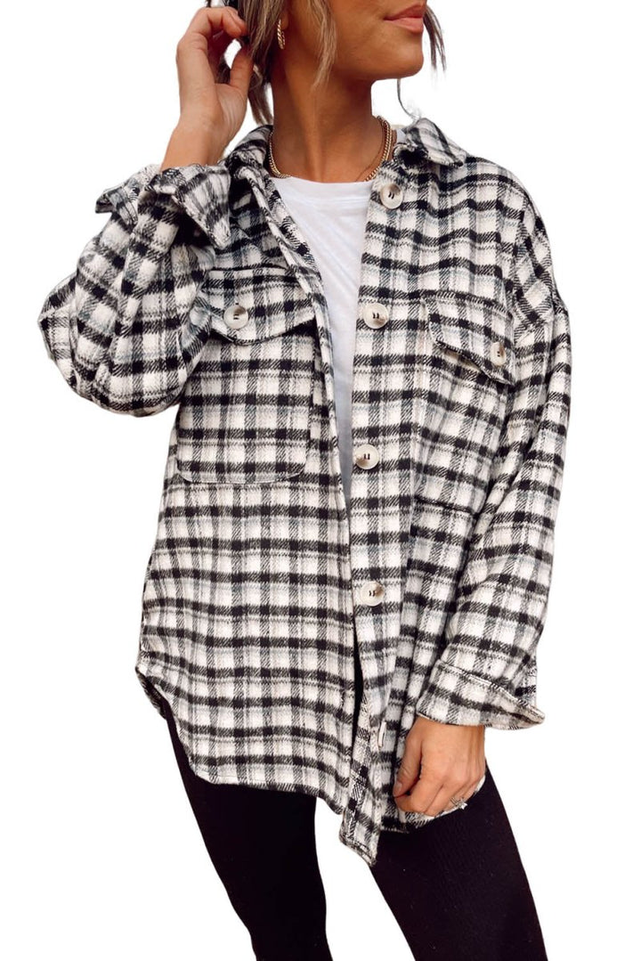 Shadow Plaid Print Chest Pockets Buttoned Tunic Shacket - Rebel Nomad