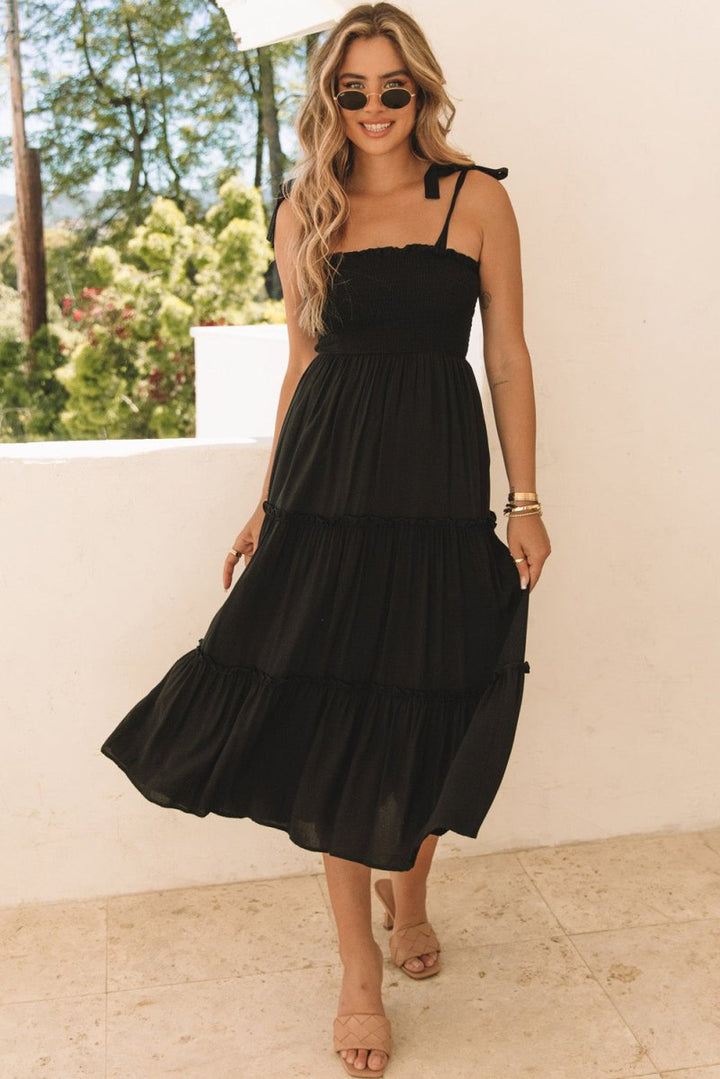 Shakira Tie Strap Smocked Frill Tiered Midi Dress - Rebel Nomad