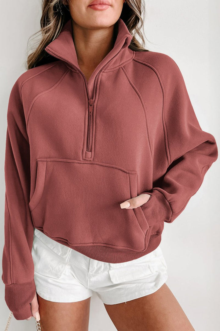 Shania Zip Up Stand Collar Ribbed Thumbhole Sleeve Sweatshirt - Rebel Nomad