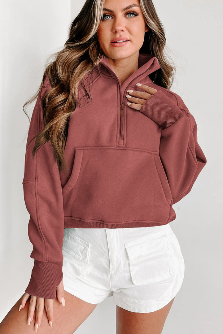 Shania Zip Up Stand Collar Ribbed Thumbhole Sleeve Sweatshirt - Rebel Nomad