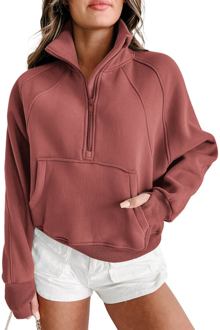 Shania Zip Up Stand Collar Ribbed Thumbhole Sleeve Sweatshirt - Rebel Nomad