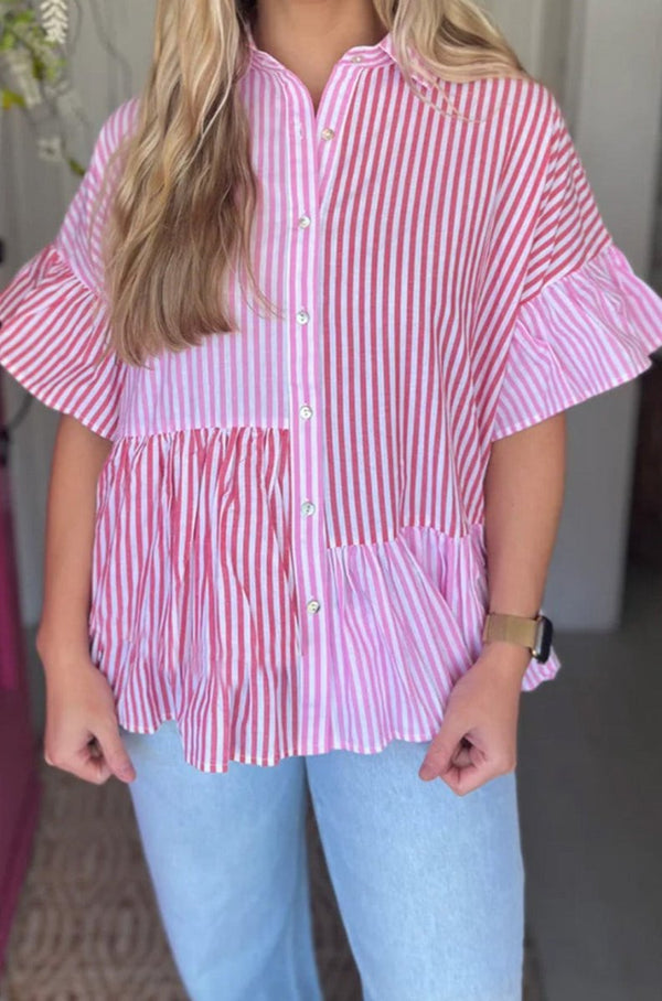 Shanna Striped Patchwork Ruffled Hem Button up Shirt - Rebel Nomad