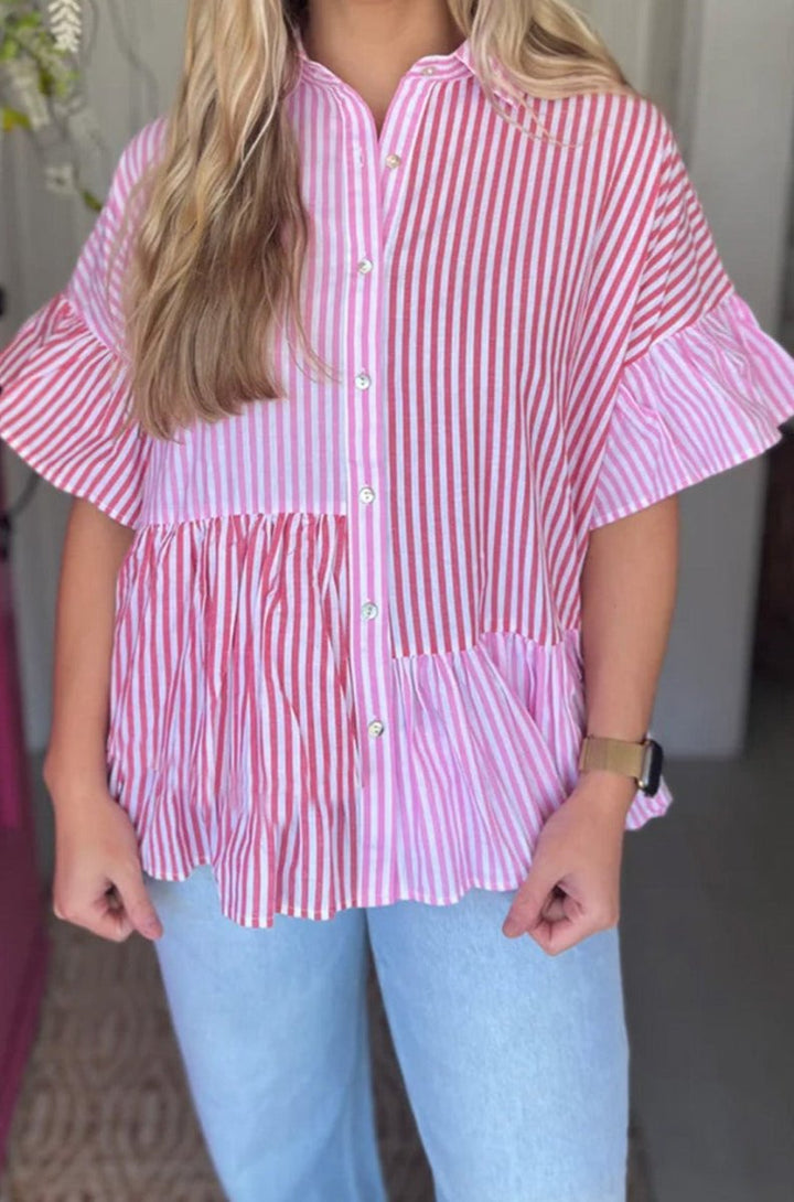 Shanna Striped Patchwork Ruffled Hem Button up Shirt - Rebel Nomad