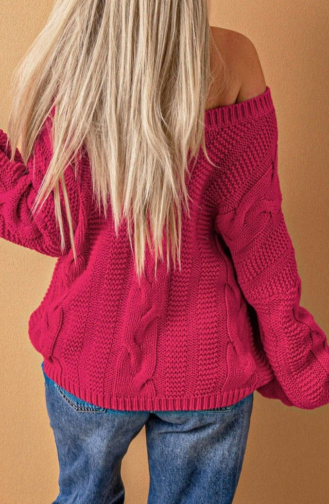 Shelia Bubblegum V-Neck Braided Knit Sweater - Rebel Nomad