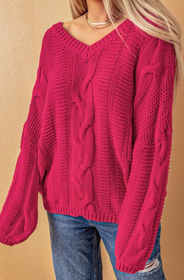 Shelia Bubblegum V-Neck Braided Knit Sweater - Rebel Nomad