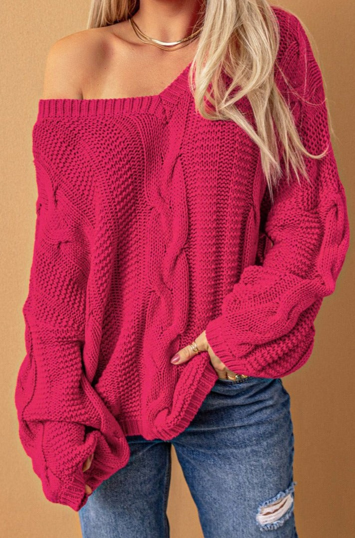 Shelia Bubblegum V-Neck Braided Knit Sweater - Rebel Nomad