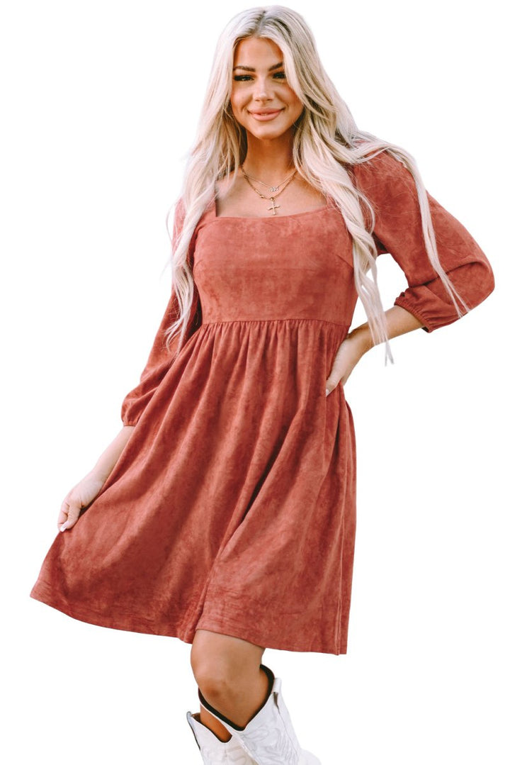 Shyla Suede Square Neck Puff Sleeve Dress - Rebel Nomad