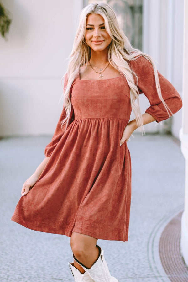 Shyla Suede Square Neck Puff Sleeve Dress - Rebel Nomad