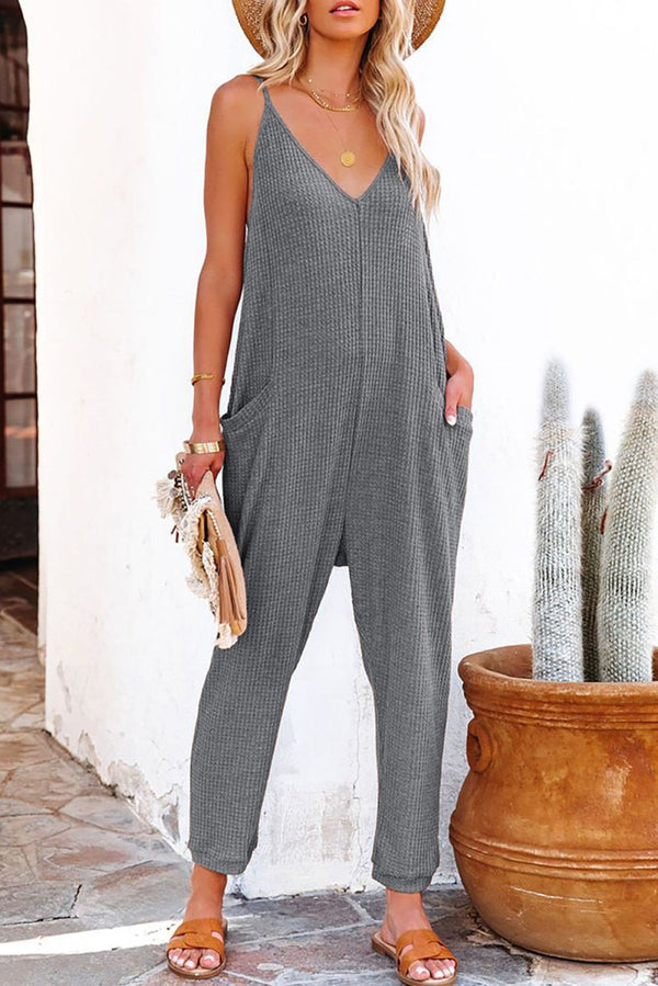 Sianna Textured Sleeveless V-Neck Pocketed Casual Jumpsuit - Rebel Nomad