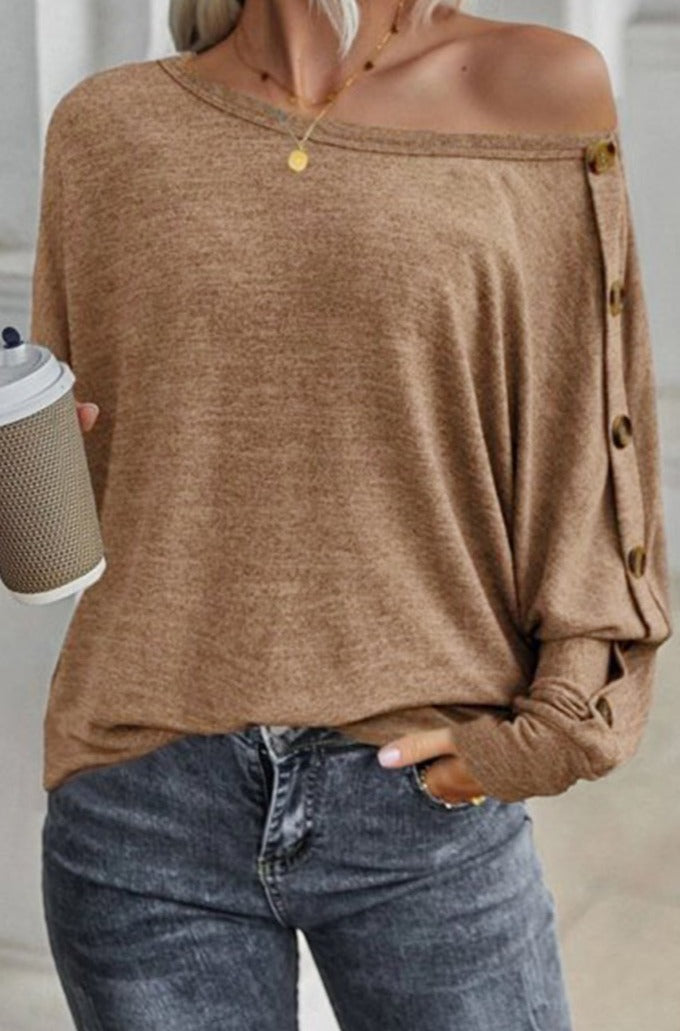 Stefanie Solid Color Button Decor Dolman Sleeve Top - Rebel Nomad