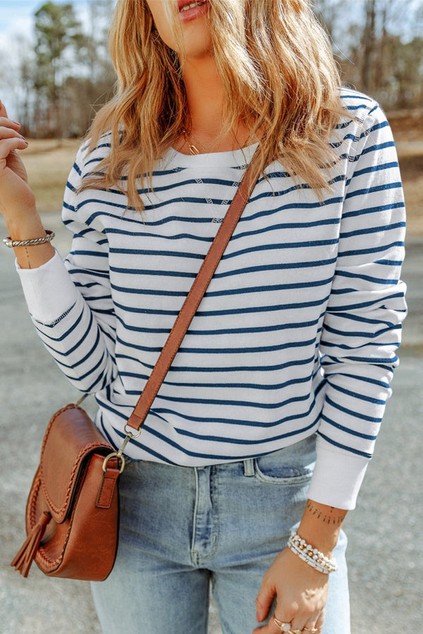 Striped Print Ribbed Trim Long Sleeve Top - Rebel Nomad