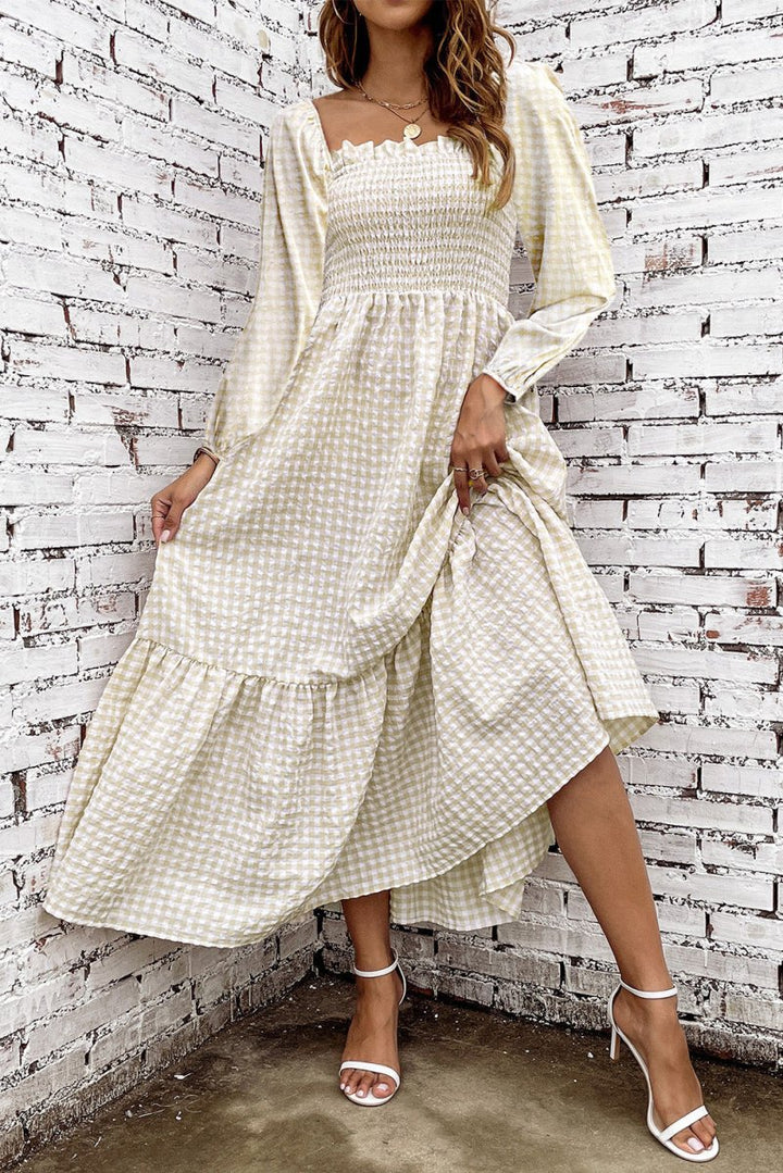 Tamala Plaid Ruffled Square Neck Smocked Tiered Maxi Dress - Rebel Nomad