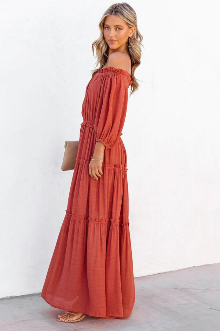 Tameika Off Shoulder Balloon Sleeve Cutout Ruffled Maxi Dress - Rebel Nomad