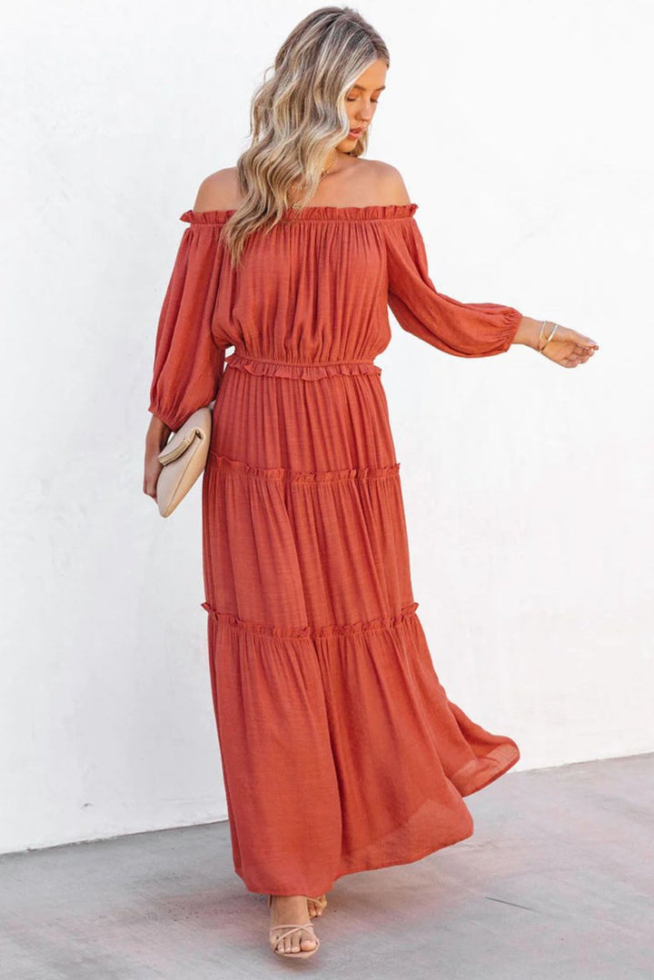 Tameika Off Shoulder Balloon Sleeve Cutout Ruffled Maxi Dress - Rebel Nomad