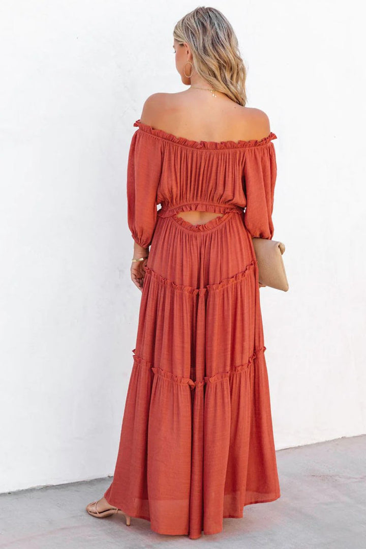 Tameika Off Shoulder Balloon Sleeve Cutout Ruffled Maxi Dress - Rebel Nomad