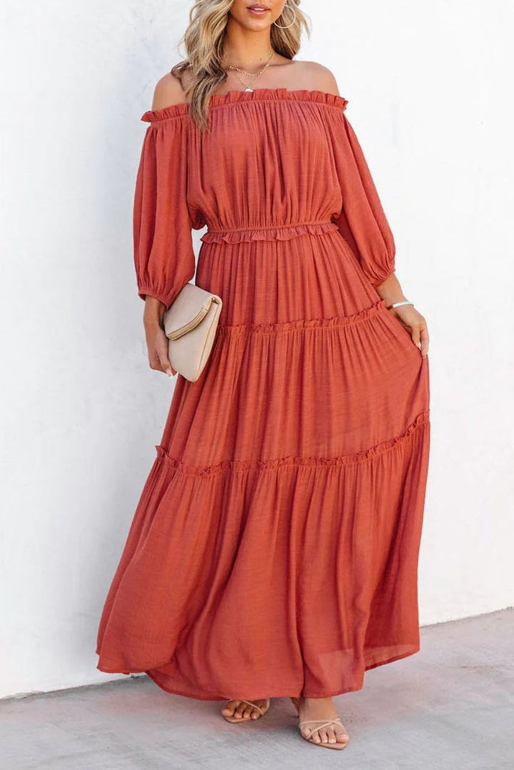 Tameika Off Shoulder Balloon Sleeve Cutout Ruffled Maxi Dress - Rebel Nomad