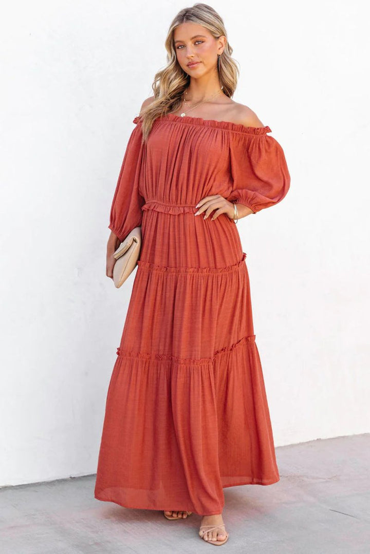 Tameika Off Shoulder Balloon Sleeve Cutout Ruffled Maxi Dress - Rebel Nomad