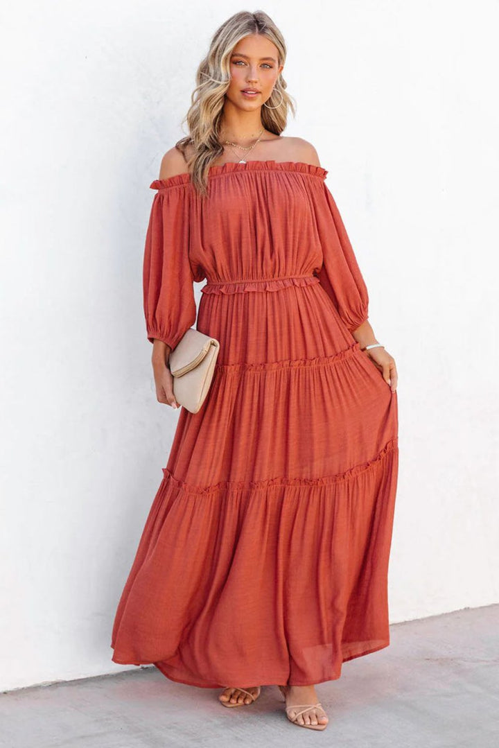 Tameika Off Shoulder Balloon Sleeve Cutout Ruffled Maxi Dress - Rebel Nomad