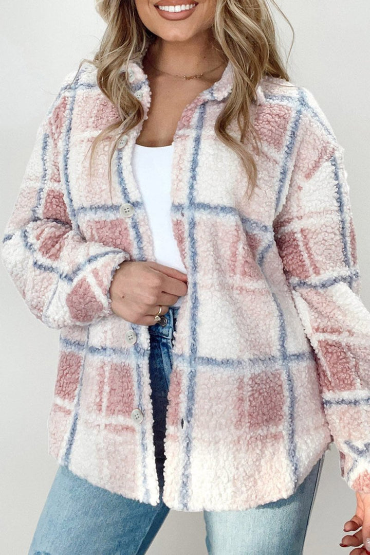 Tatiana Checker Print Turn Down Collar Sherpa Shacket - Rebel Nomad