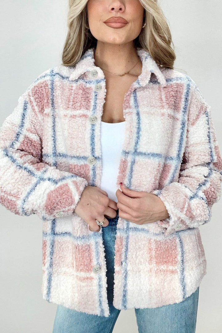 Tatiana Checker Print Turn Down Collar Sherpa Shacket - Rebel Nomad