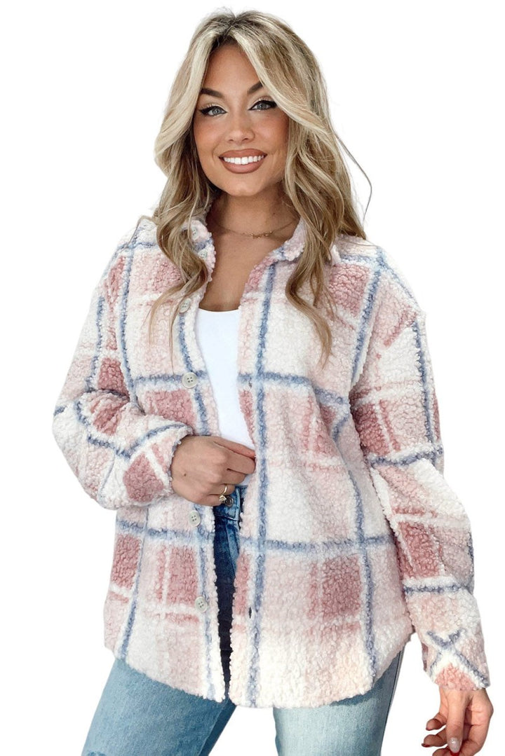 Tatiana Checker Print Turn Down Collar Sherpa Shacket - Rebel Nomad