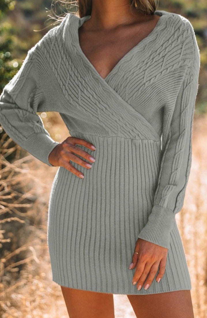Tatjana Cable Ribbed Knit V Neck Bodycon Sweater Dress - Rebel Nomad