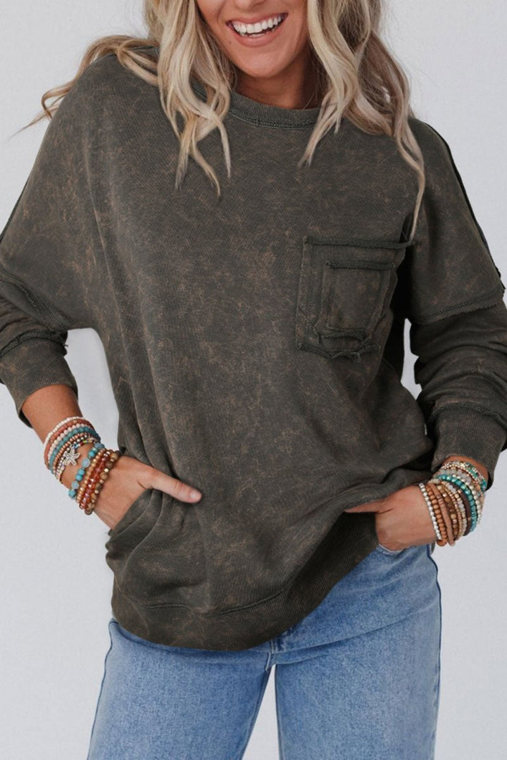 Theresia Acid Wash Drop Shoulder Long Sleeve Sweatshirt with Pockets - Rebel Nomad