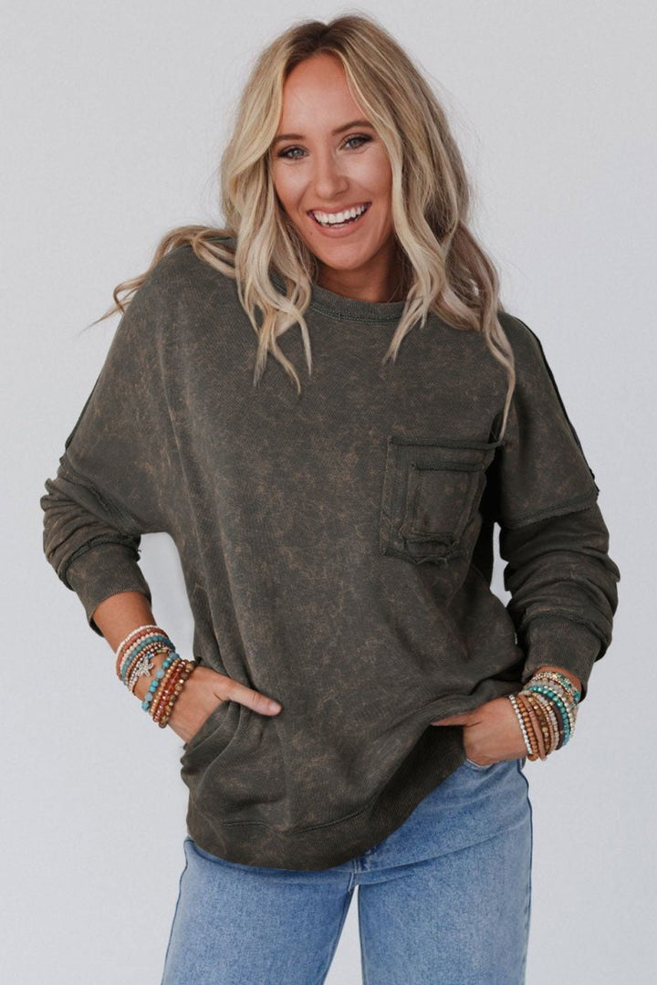 Theresia Acid Wash Drop Shoulder Long Sleeve Sweatshirt with Pockets - Rebel Nomad