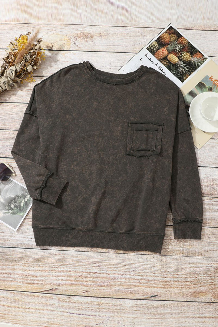 Theresia Acid Wash Drop Shoulder Long Sleeve Sweatshirt with Pockets - Rebel Nomad