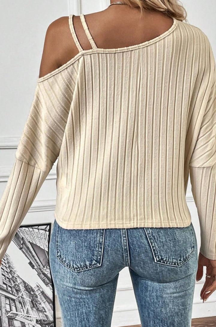 Tracee Asymmetrical Neck Cold Shoulder Twisted Knit Ribbed Blouse - Rebel Nomad