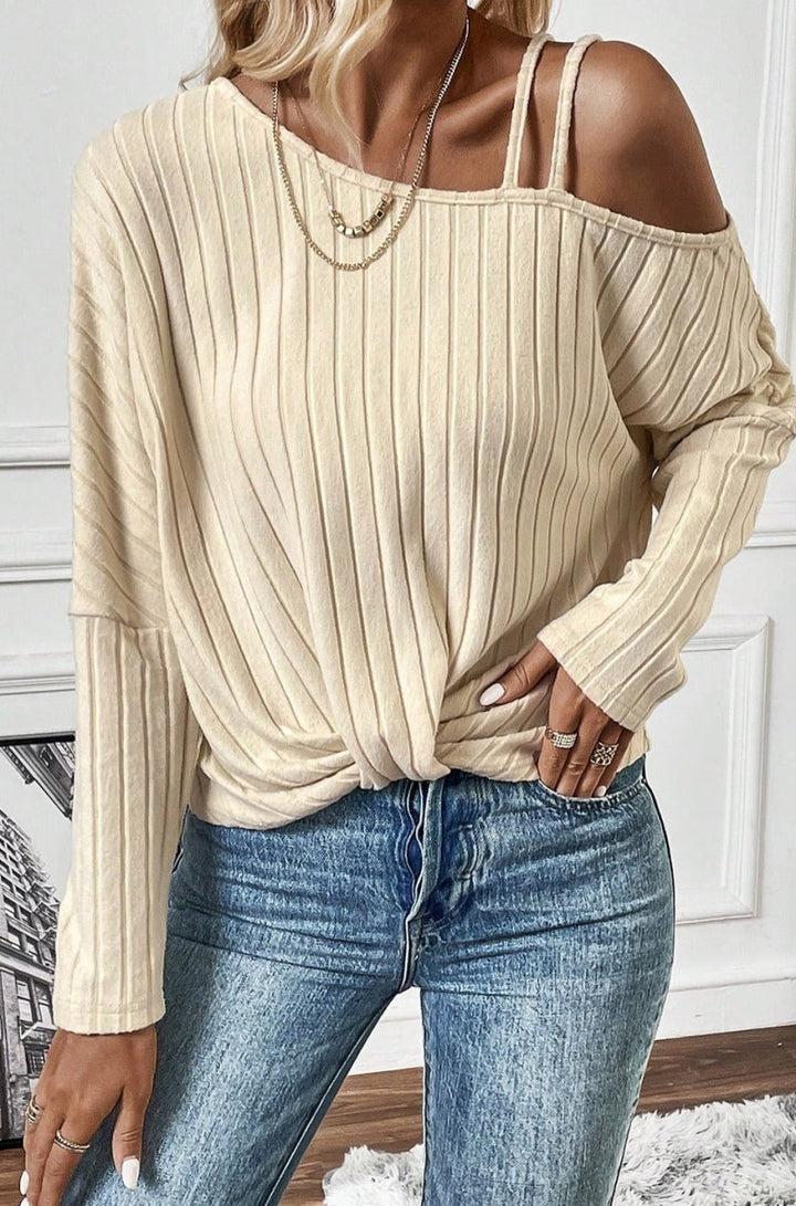 Tracee Asymmetrical Neck Cold Shoulder Twisted Knit Ribbed Blouse - Rebel Nomad