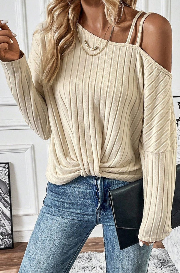 Tracee Asymmetrical Neck Cold Shoulder Twisted Knit Ribbed Blouse - Rebel Nomad