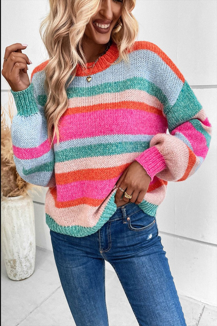 Trena Striped Knit Drop Shoulder Puff Sleeve Sweater - Rebel Nomad