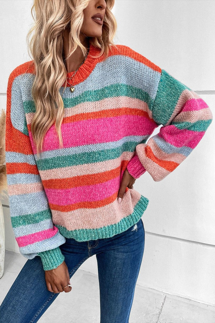 Trena Striped Knit Drop Shoulder Puff Sleeve Sweater - Rebel Nomad