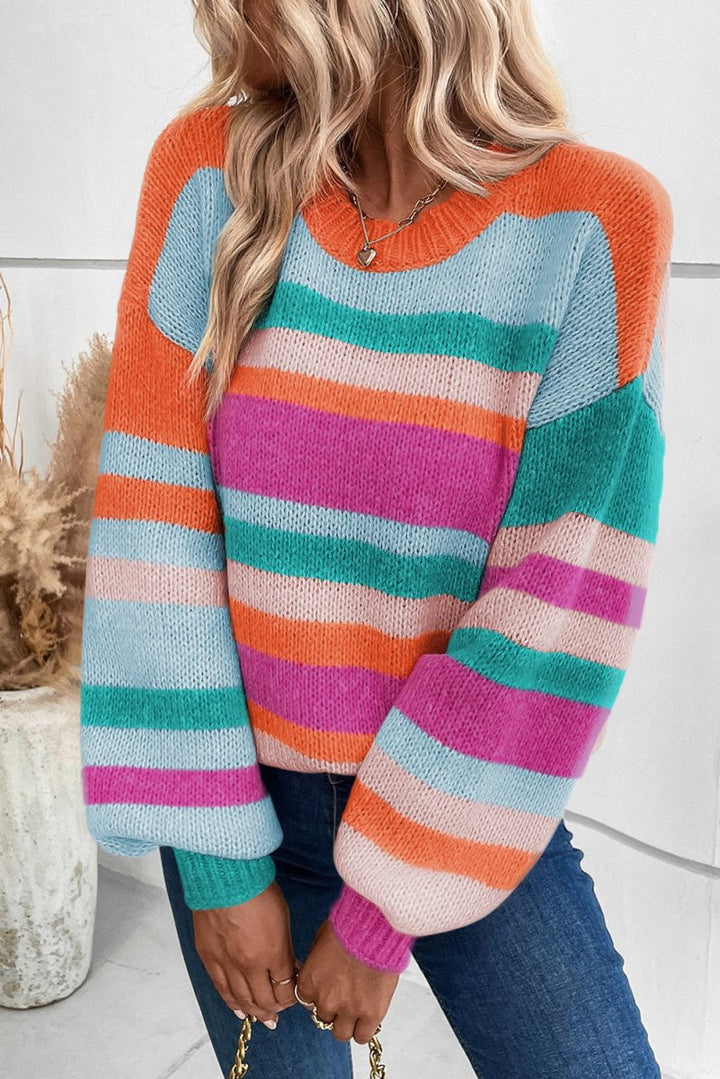 Trena Striped Knit Drop Shoulder Puff Sleeve Sweater - Rebel Nomad