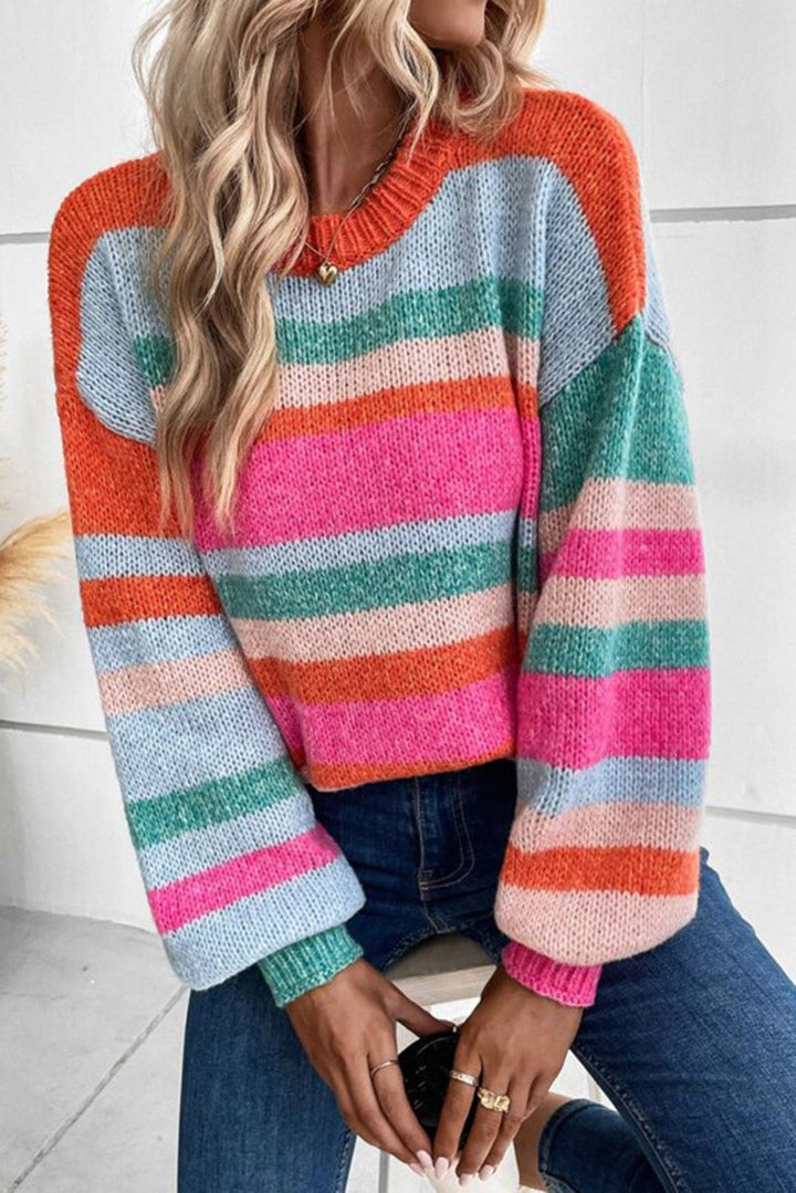 Trena Striped Knit Drop Shoulder Puff Sleeve Sweater - Rebel Nomad