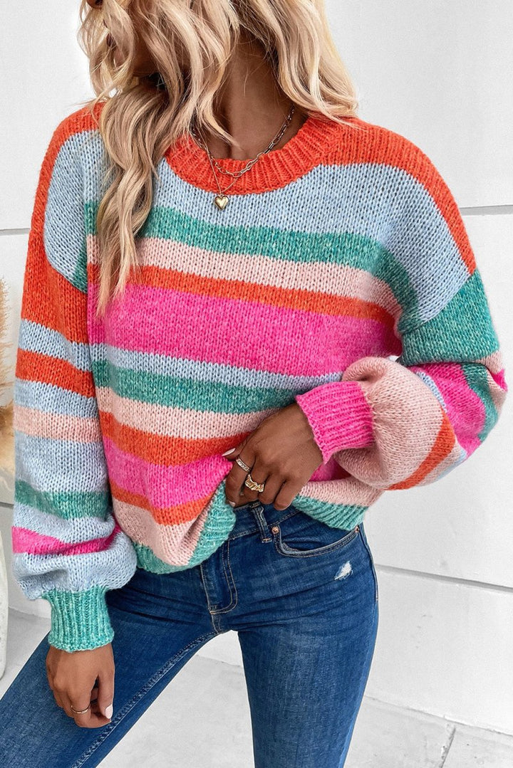 Trena Striped Knit Drop Shoulder Puff Sleeve Sweater - Rebel Nomad