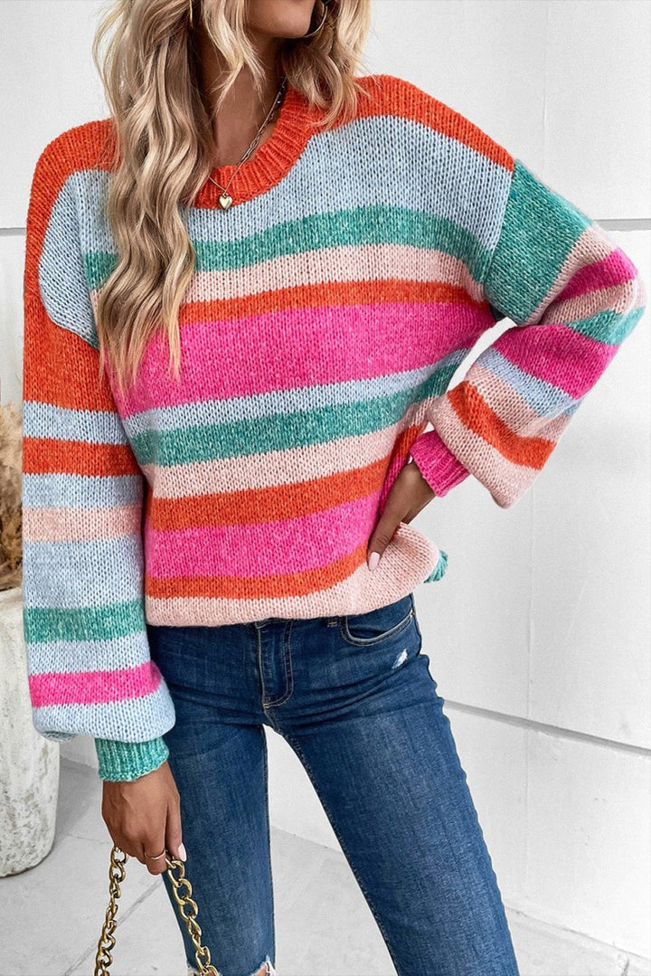 Trena Striped Knit Drop Shoulder Puff Sleeve Sweater - Rebel Nomad