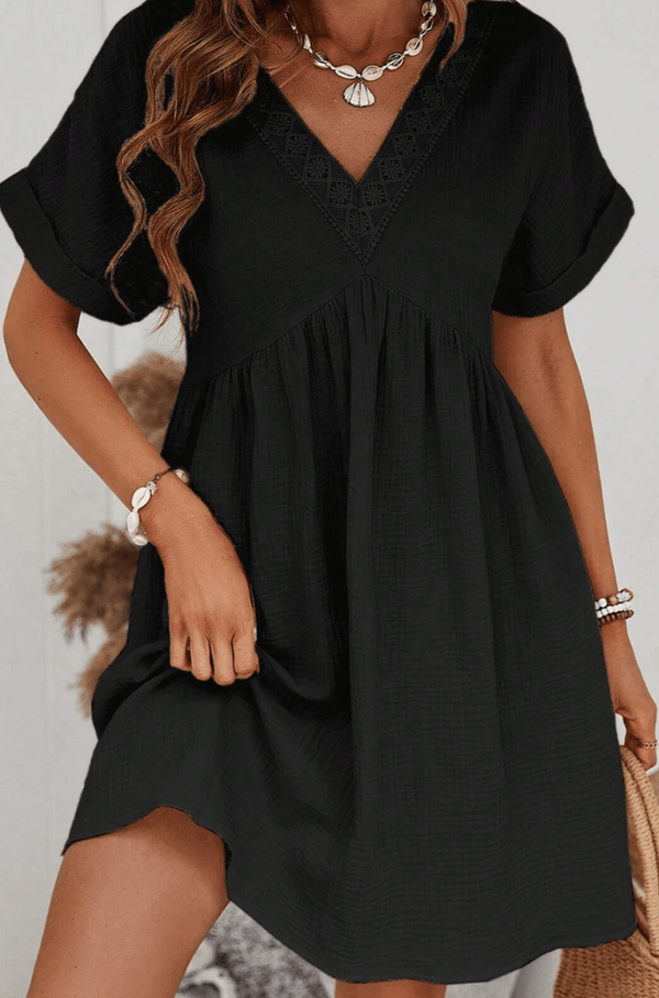 Tulip Folded Short Sleeve Lace V Neck Mini Dress - Rebel Nomad