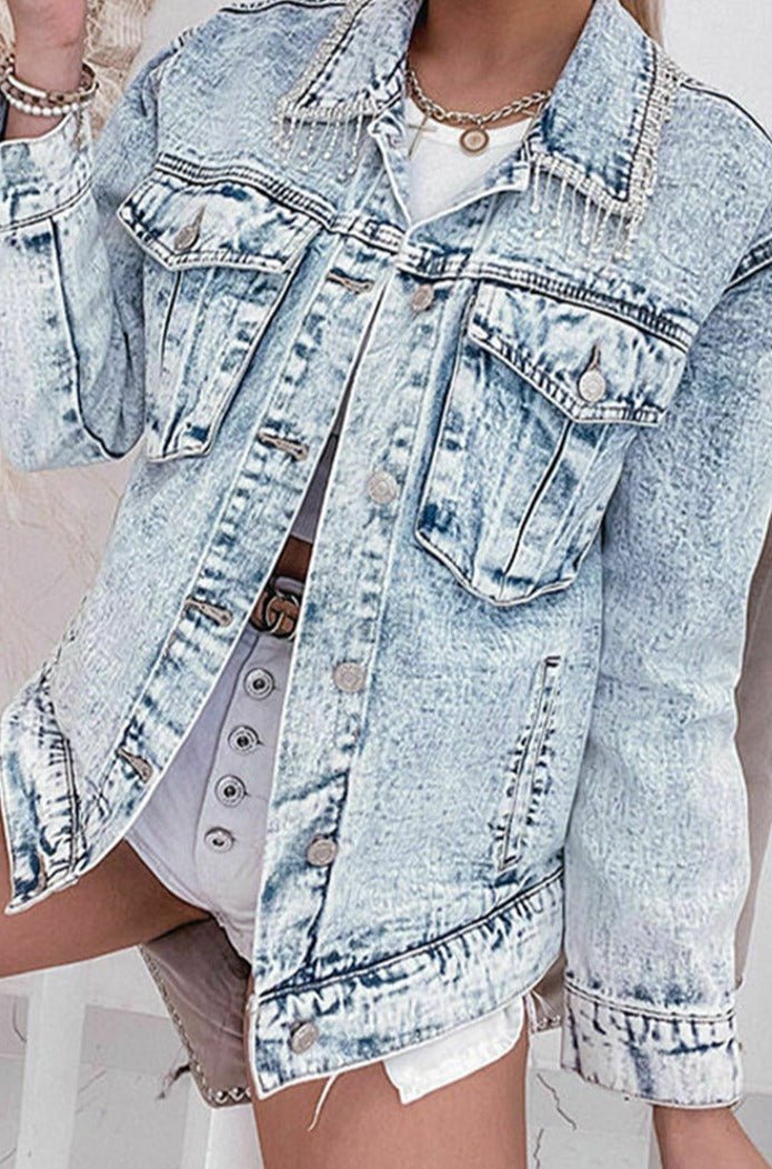 Tyesha Retro Rhinestone Fringed Collar Light Wash Denim Jacket - Rebel Nomad