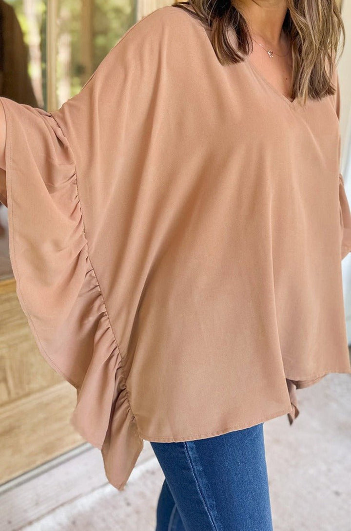 Tyllena Plus Size Ruffled Batwing Sleeve V Neck Blouse - Rebel Nomad